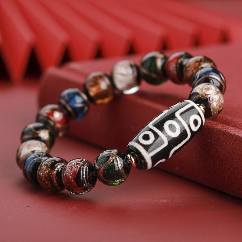 Hand-Finished Tibetan Style Dzi Bead and Vibrant Liuli Glass Beaded Bracelet