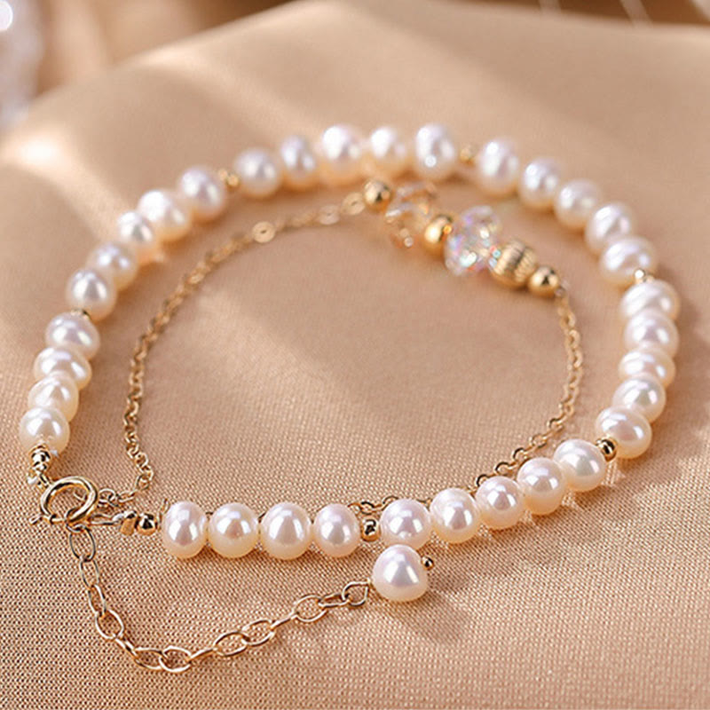 925 Sterling Silver Plated 14k Gold Natural Pearl Crystal Healing Double Layer Bracelet
