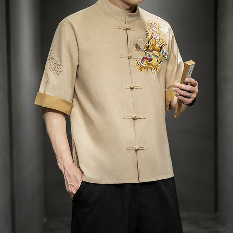Frog-Button Chinese Dragon Auspicious Cloud Embroidery Half Sleeve Shirt Cotton Linen Men Clothing