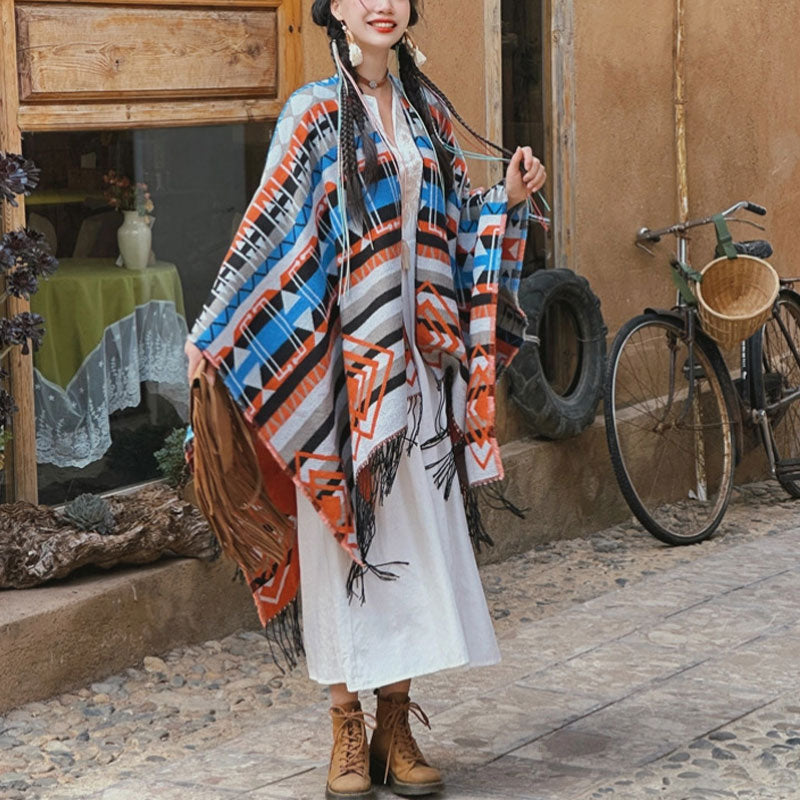 Tibetan Shawl Striped Geometric Pattern Winter Cozy Travel Tassel Scarf Wrap