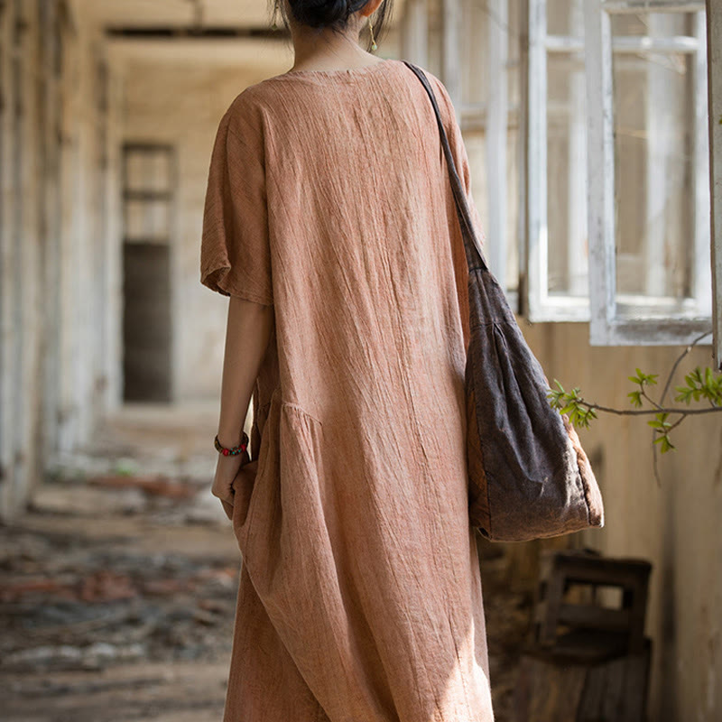 Handmade Tie Dye V-Neck Midi Dress Linen Short Sleeve Dress
