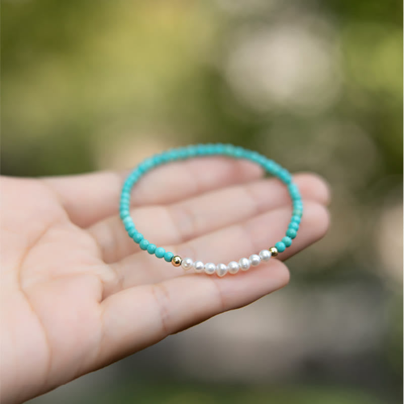 Handcrafted 925 Sterling Silver Natural Turquoise and Pearl Beaded Gold-Tone Bracelet