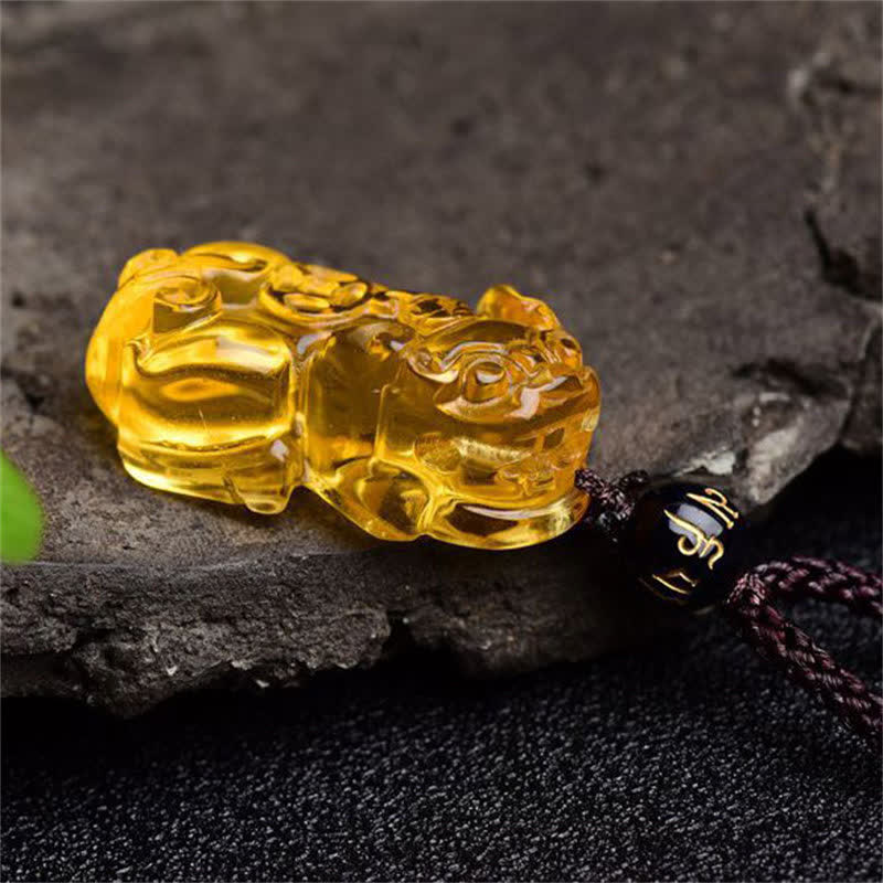 Natural Citrine Pixiu Hand-Carved Unisex Pendant Necklace