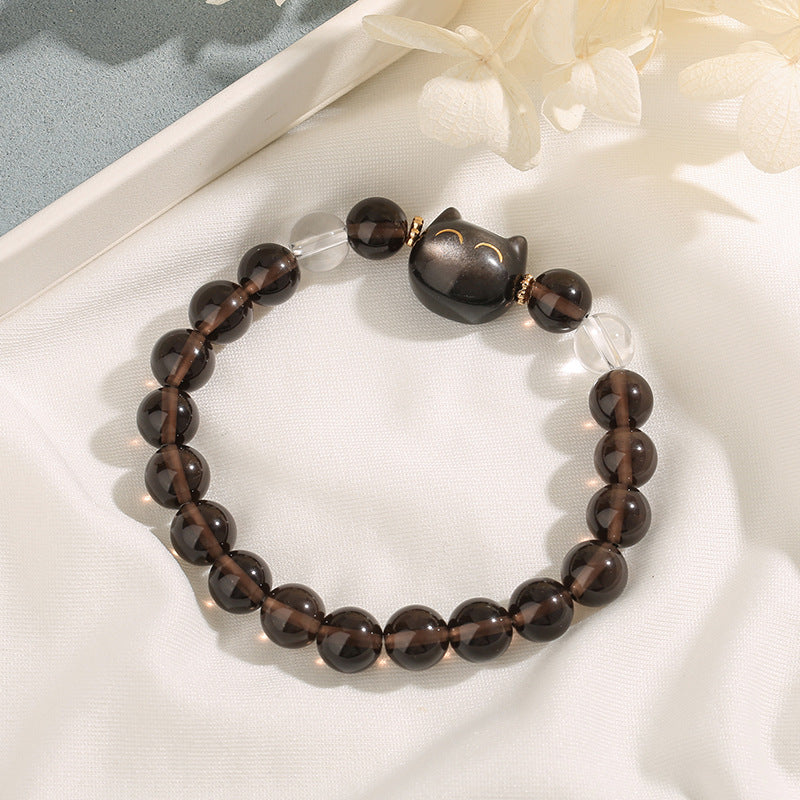 Natural Ice & Silver Sheen Obsidian Lucky Cat Bracelet with Clear Quartz and Copper