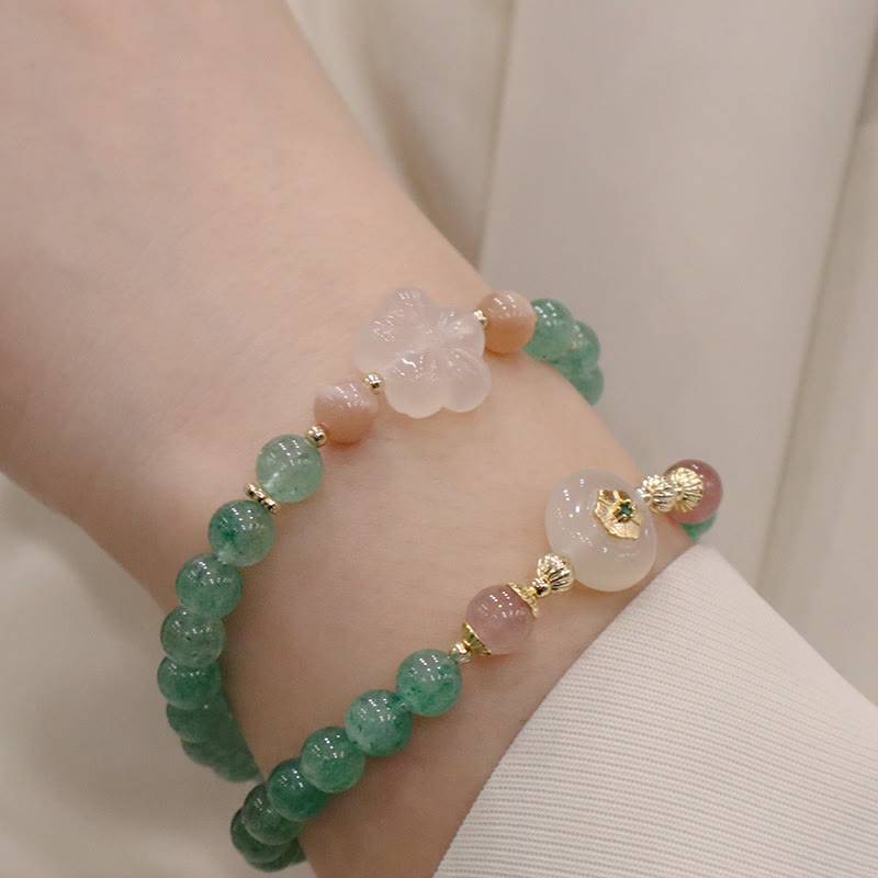Natural Green Strawberry Quartz and Chalcedony Flower Beaded Bracelet