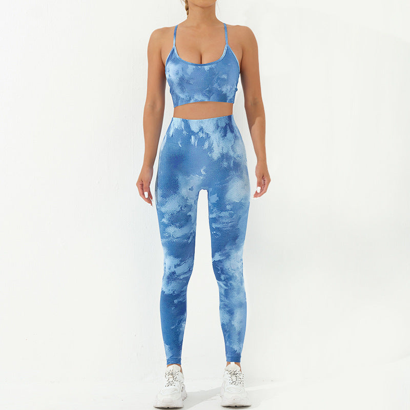 2Pcs Camo Print Backless Criss-Cross Strap Top Bra Shorts Leggings Pants Fitness Yoga Outfit Set
