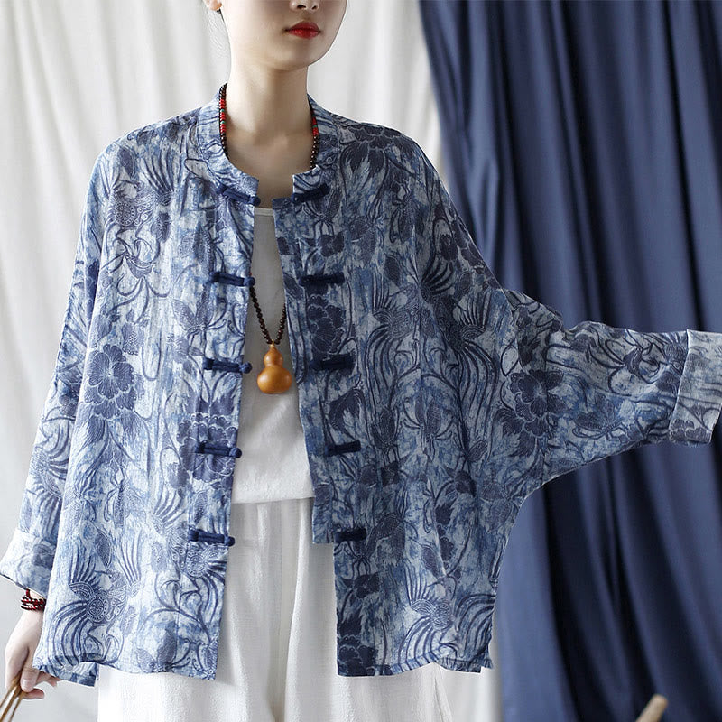 Ramie Linen Floral Stand Collar Meditation Jacket Shirt