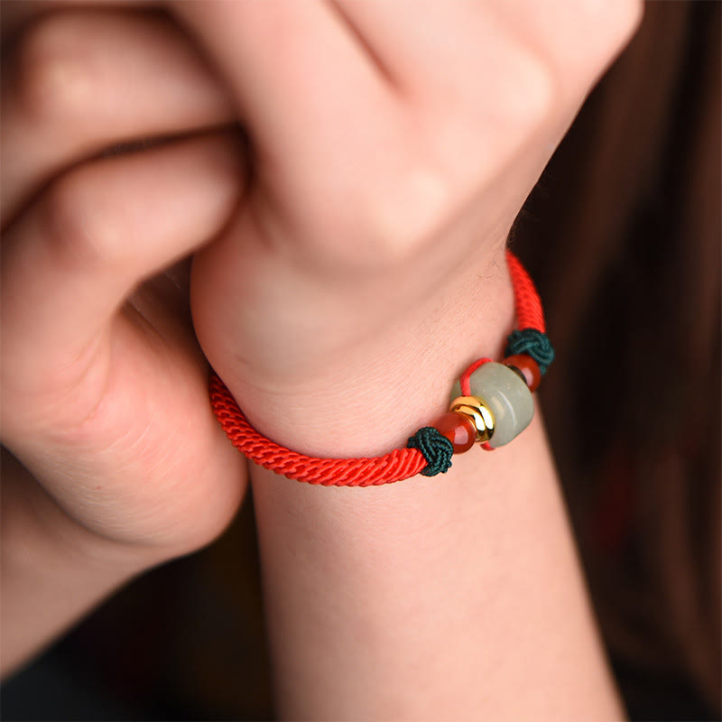 Handmade Tibetan Green Aventurine & Red Agate 14k Gold Red String Braided Bracelet