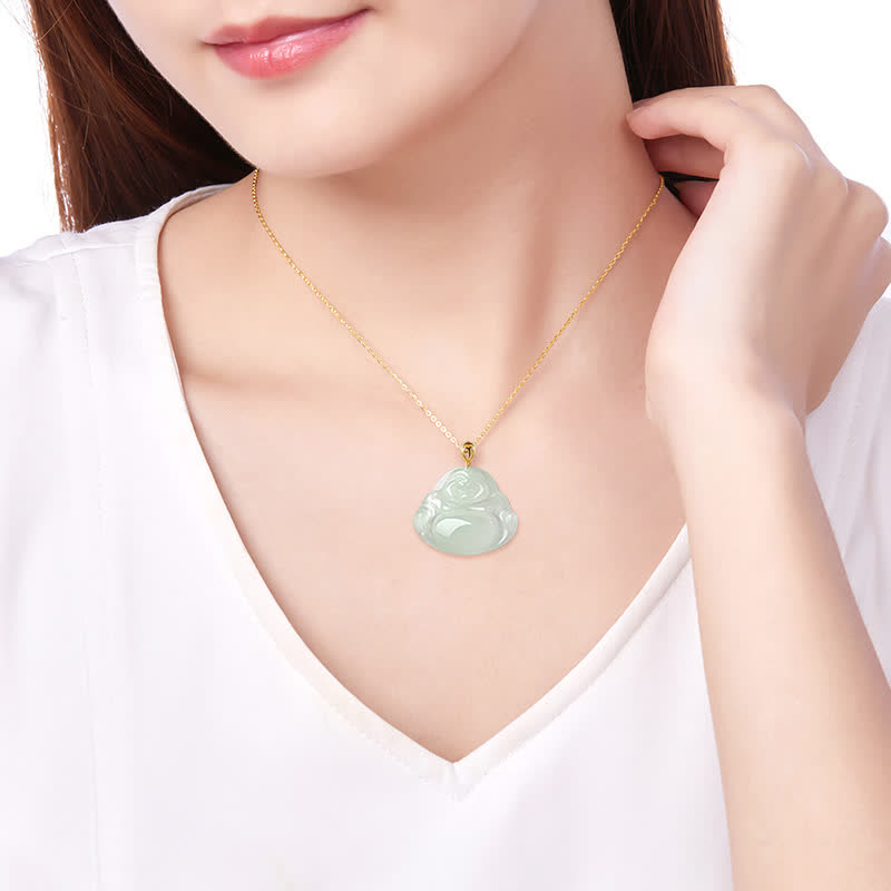 Laughing Buddha Natural Jade 925 Sterling Silver Plated Gold Abundance Necklace Pendant