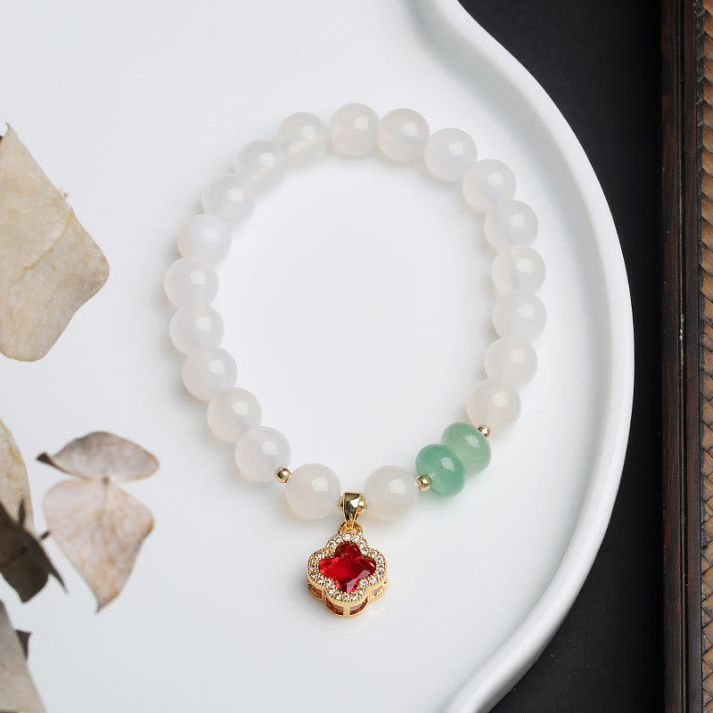 Natural White Agate Red Agate Money Bag Fu Character Four Leaf Clover Protection Bracelet