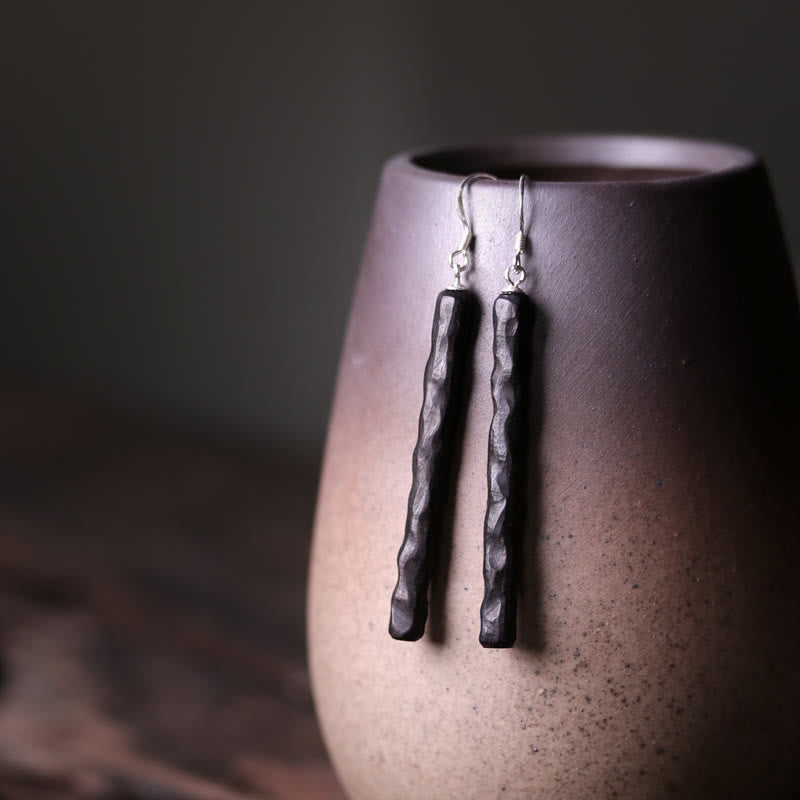 925 Sterling Silver Ebony Wood Texture Balance Peace Drop Dangle Earrings