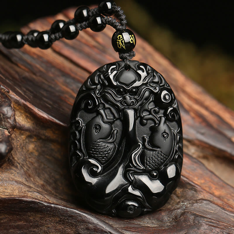 Black Obsidian Koi Fish Bead Rope Fulfilment Strength Necklace Pendant