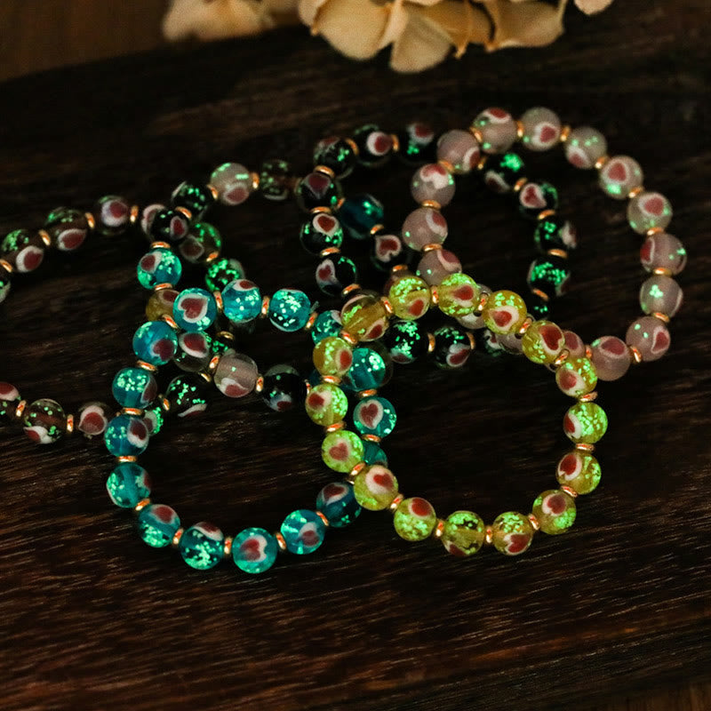 Gold Swallowing Beast Family Pink Love Heart Luminous Fluorescent Liuli Glass Bead Bracelet