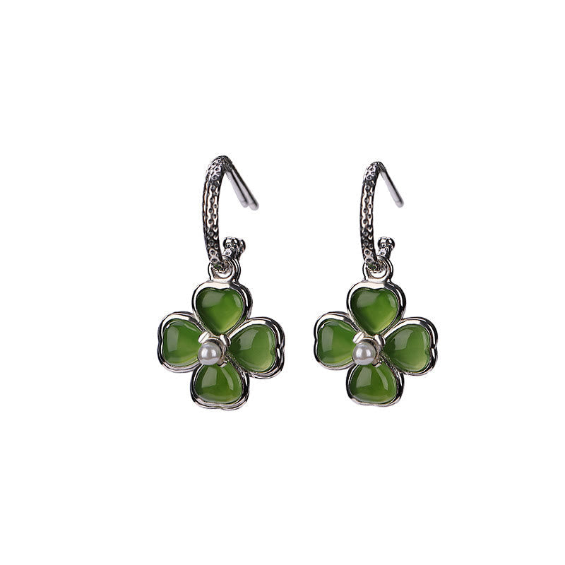 Natural Jade and 925 Sterling Silver Four-Leaf Clover Stud Earrings