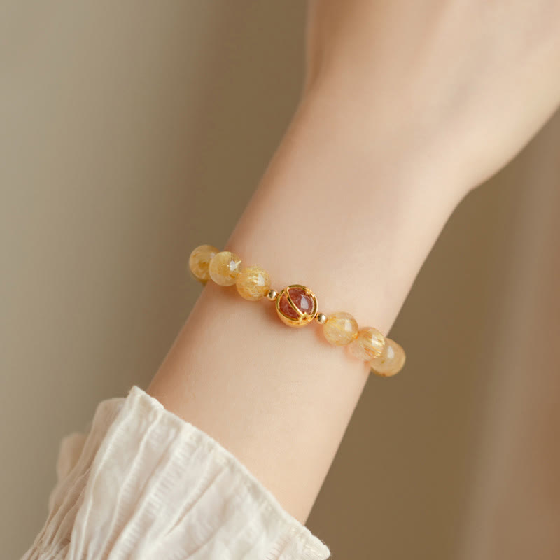Golden Rutilated Quartz Strawberry Quartz Star Protection Bracelet