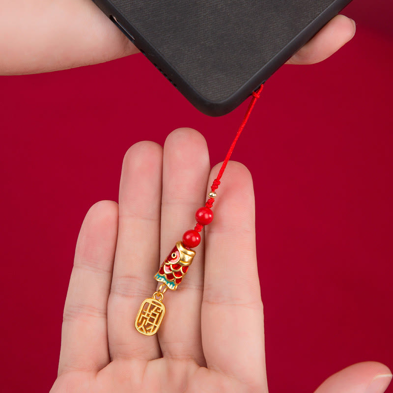 Koi Fish Cinnabar Attracting Wealth Wish Ruyi Charm Luck Phone Hanging Decoration