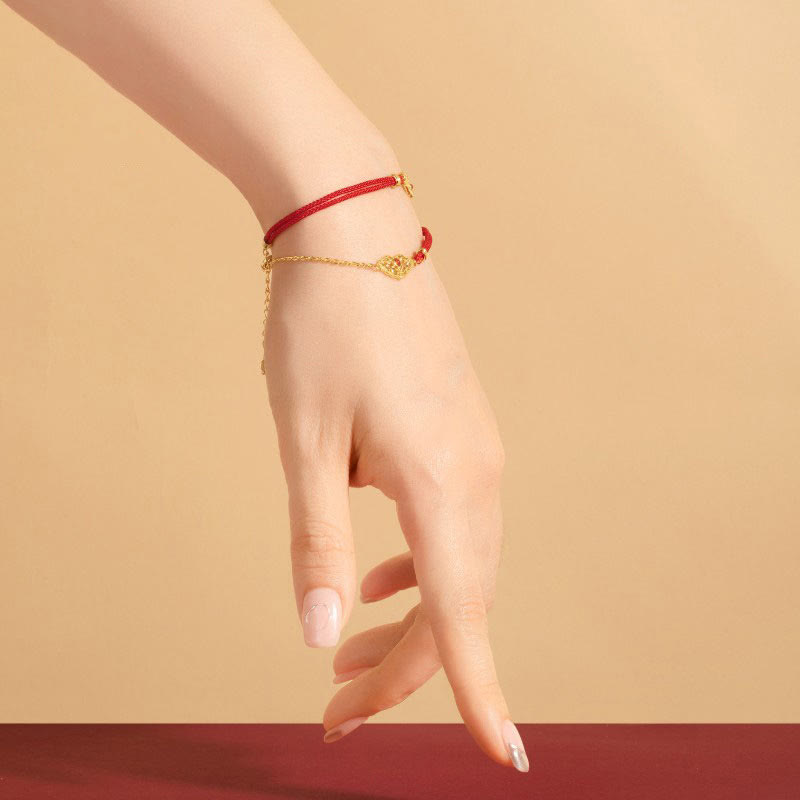 Handmade Red String Bracelet with Gold Longevity Lock and Red Agate