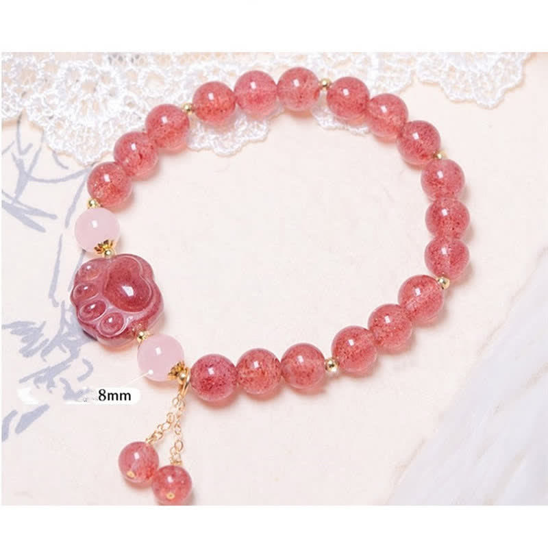 Handmade Rose & Strawberry Quartz Crystal Cat Paw Beaded Bracelet