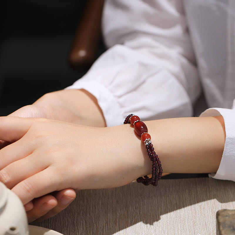 Natural Garnet Red Agate Protection Triple Layer Bracelet