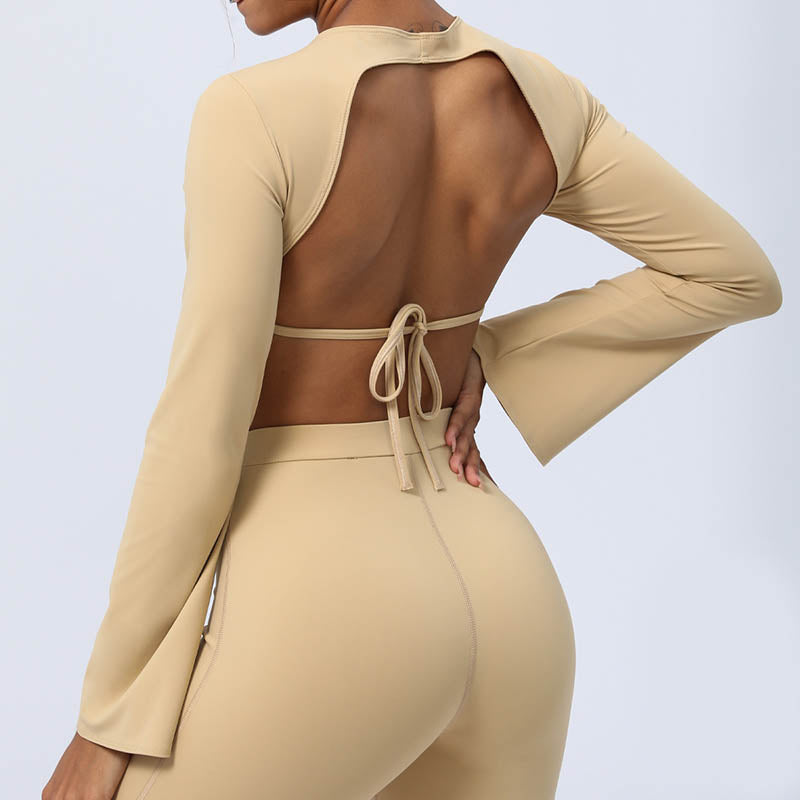 Long Sleeve Backless Strap Top Bra Flare Pants Fitness Yoga Outfit