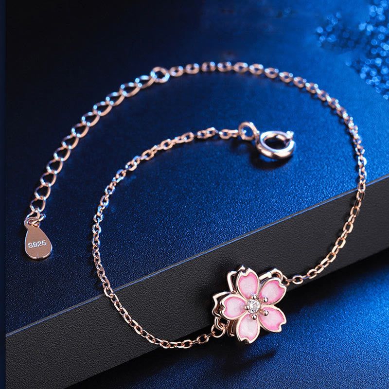 925 Sterling Silver Cherry Blossom Blessing Chain Bracelet Rotatable Ring