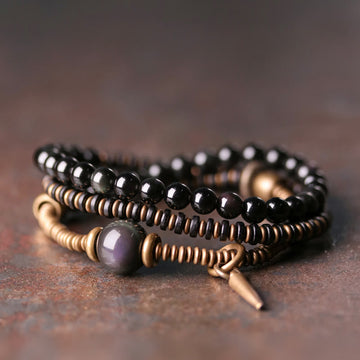 Rainbow Obsidian Ebony Wood Copper Healing Triple Wrap Bracelet