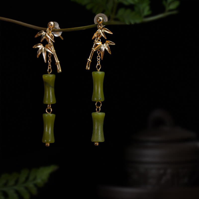 925 Sterling Silver Posts Copper Plated Gold Natural Peridot Bamboo Leaf Drop Earrings