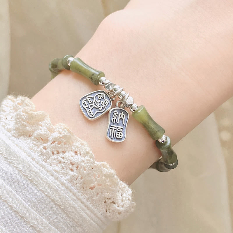 925 Sterling Silver Bamboo Jade Lucky Cat Fu Character Luck Abundance Bracelet