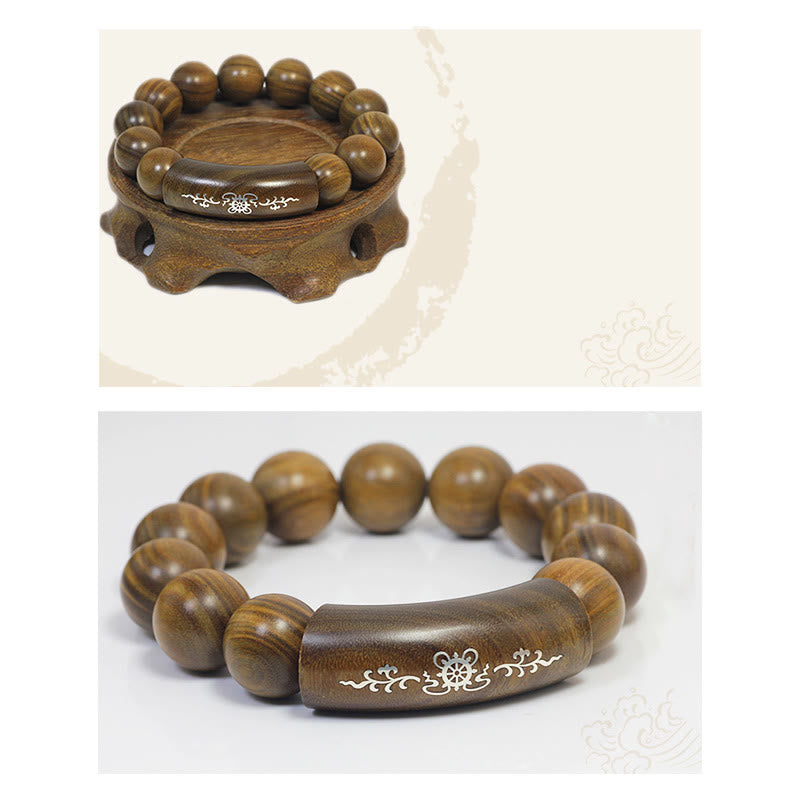 999 Sterling Silver Green Sandalwood Om Mani Padme Hum Dragon Phoenix Dharmachakra Inlaid Peace Bracelet