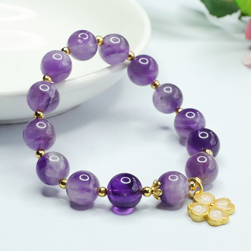 Natural Amethyst Crystal Inner Peace Four Leaf Clover Charm Bracelet