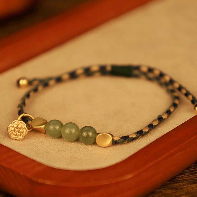 Handcrafted Hetian Jade Lotus Charm Luck Braided Bracelet