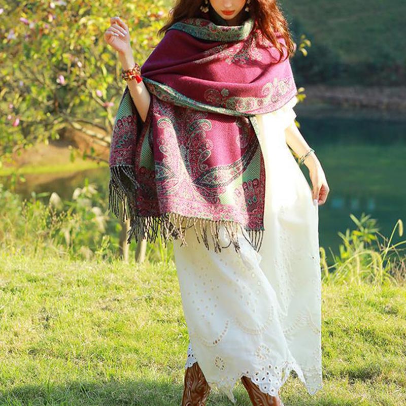 Tibetan Vine Leaves Pattern Design Shawl Cozy Travel Scarf Wrap