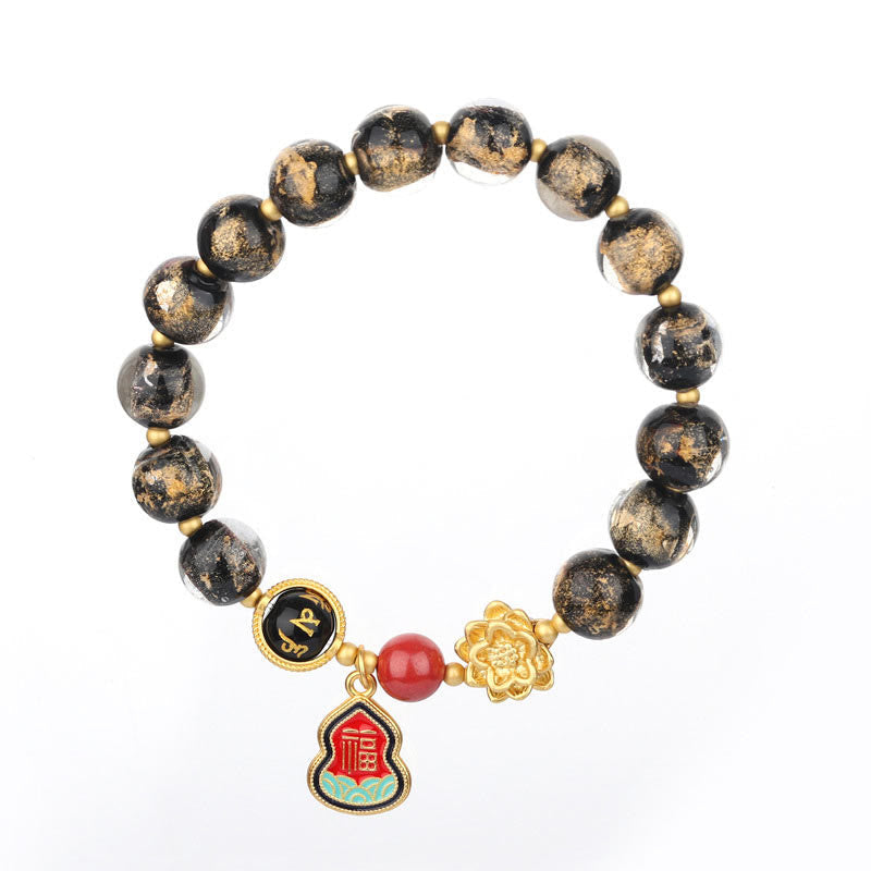 Tibetan Om Mani Padme Hum Lotus & Wu Lou Gourd Copper Charm Liuli Glass Beaded Bracelet