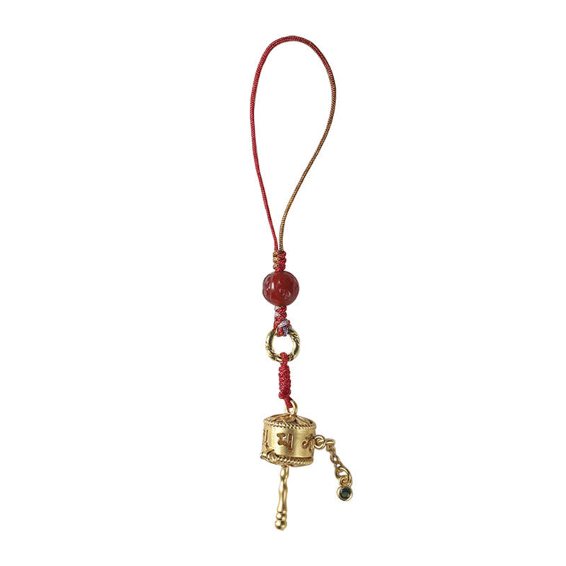 Tibetan Copper Om Mani Padme Hum Prayer Wheel & Red Agate Phone Charm