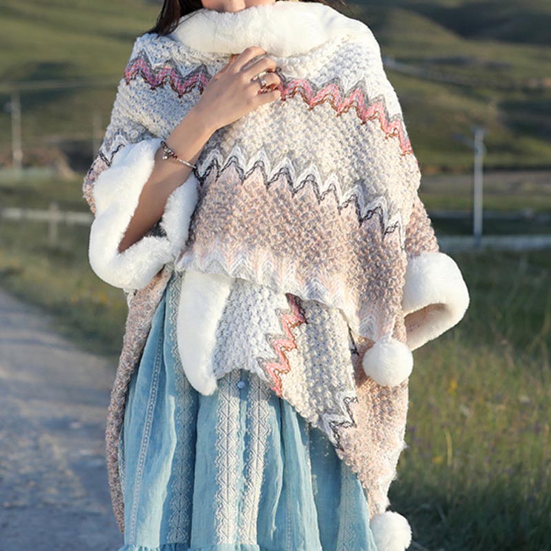 Tibetan Multicolored Wavy Lines Knitted Striped Shawl Coat Winter Cozy Travel Scarf Wrap