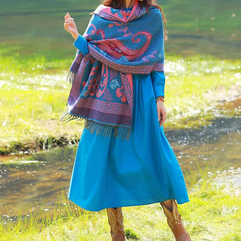 Tibetan Flowers Leaves Pattern Design Shawl Cozy Travel Scarf Wrap