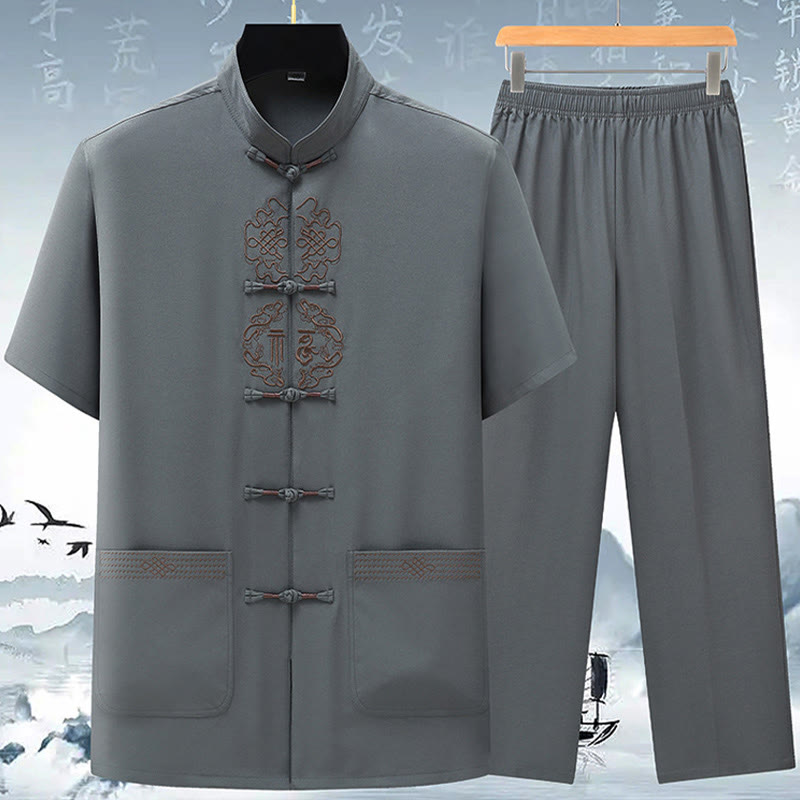 Fu Character Chinese Knotting Embroidery Tang Suit Traditional Short Sleeve Top Pants Clothing Men's Set