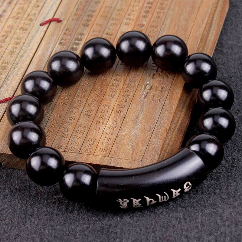 999 Fine Silver & Ebony Wood Om Mani Padme Hum Mantra Beaded Bracelet