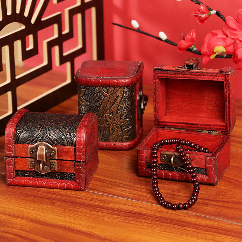 Retro Small Wood Jewelry Box Lotus Golden Grape Copper Coin Daffodil Grass Flower Jewelry Storage Box