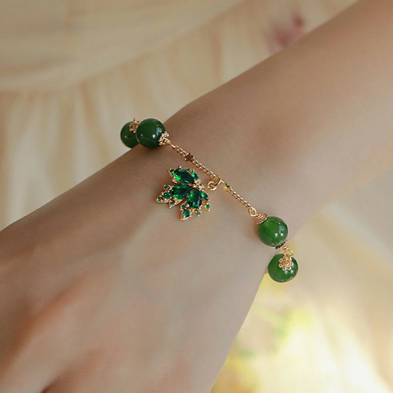 14k Gold Plated Green Chalcedony Maple Leaf Courage Strength Bracelet