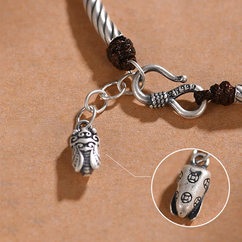 999 Fine Sterling Silver Bamboo Pattern and Cicada Engraved Open Cuff Bracelet