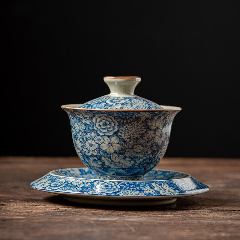 Vintage Blue And White Porcelain Peach Blossom Lotus Peony Ceramic Gaiwan Sancai Teacup Kung Fu Tea Cup And Saucer With Lid