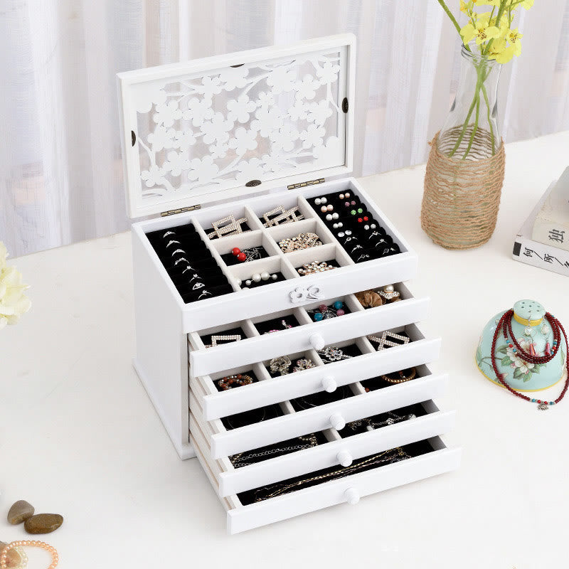 Vintage Plum Blossom Carved Wooden Jewelry Box Six-Layer Jewelry Storage Box