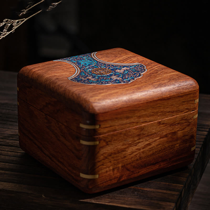 Antique Hand-Carved Rosewood Jewelry Storage Box with Floral Leaf Detail