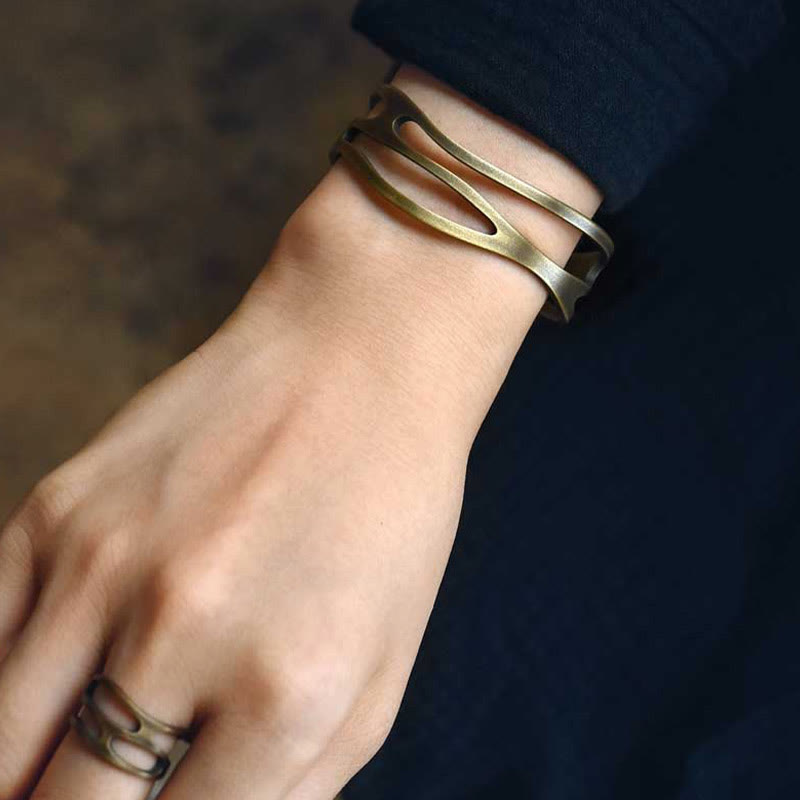 Vintage Curved Copper Brass Wealth Adjustable Cuff Bracelet Bangle