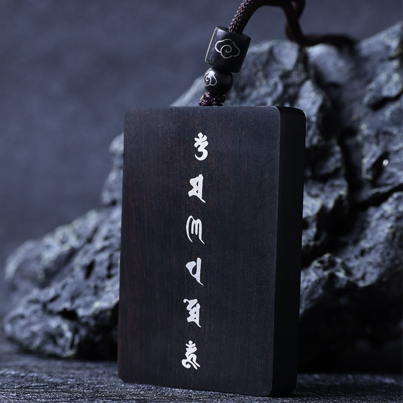 999 Sterling Silver Small Leaf Red Sandalwood Ebony Wood Om Mani Padme Hum Inlaid Protection Necklace Pendant