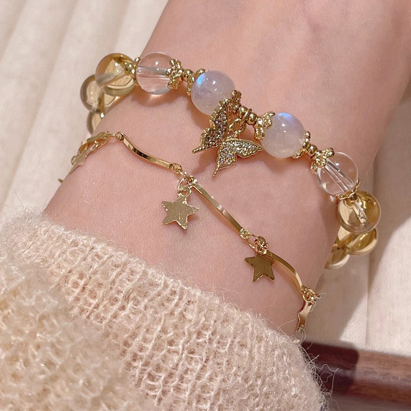 Citrine Moonstone & Clear Quartz Butterfly Charm Beaded Bracelet