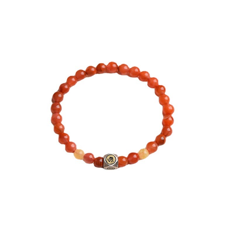 925 Sterling Silver Amber and Red Agate Zodiac Guardian Buddha Beaded Bracelet