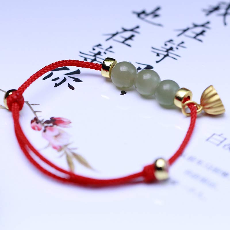 Handmade Natural Jade Lotus Seed Woven Red String Adjustable Bracelet