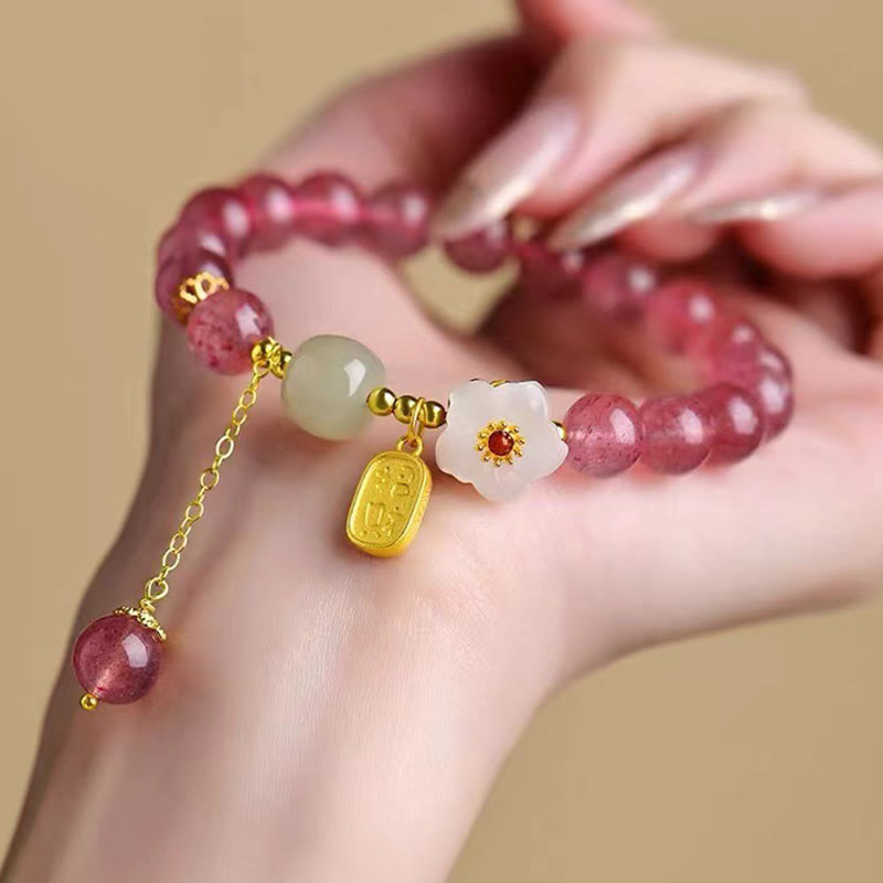 Pink Rose Quartz & Hetian Jade Fu Symbol Crystal Bracelet
